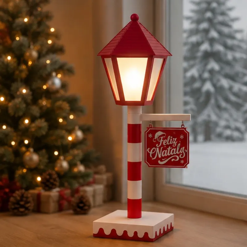 Luminária 60cm de Natal Poste Natalino com Lanterna Decoração Enfeite Feliz Natal com Vela LED