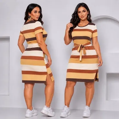 Vestido mais vendido tecido confortavel Envio Rápido com Laço casual Mid fenda lateral