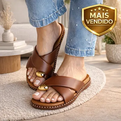 Sandália Feminina Conforto Premium Com Detalhe Dourado Elegante | Casual E Sofisticada