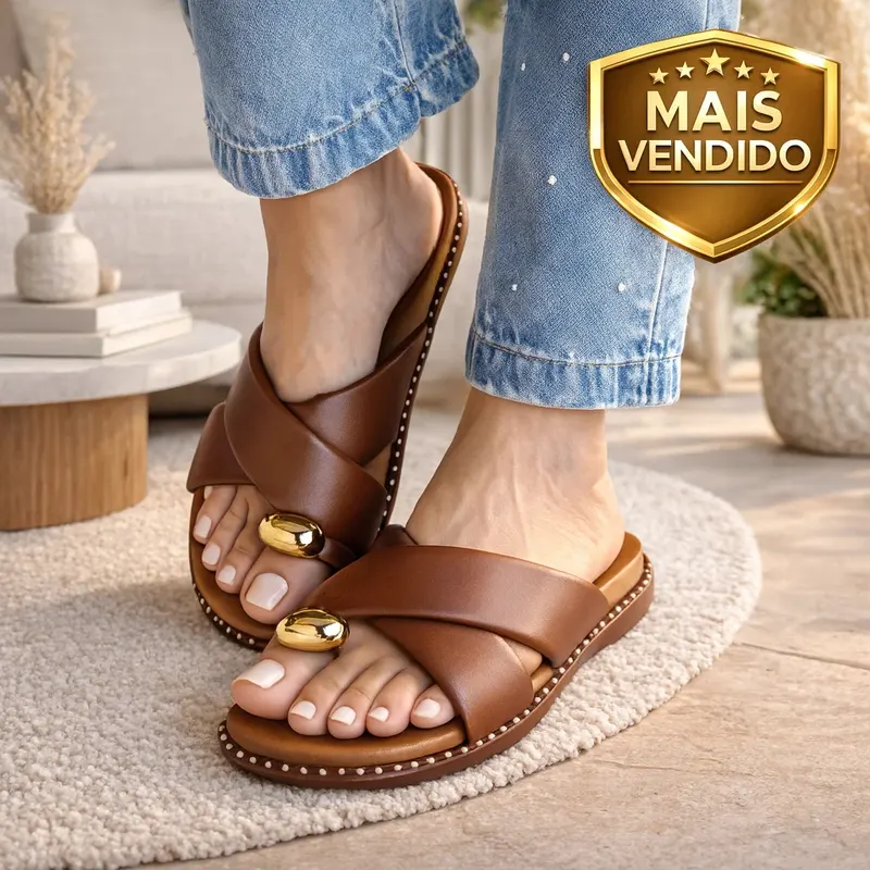 Sandália Feminina Conforto Premium Com Detalhe Dourado Elegante | Casual E Sofisticada