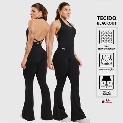 Macacão Fitness Feminino Flare Costa Nua Trançado Decote U Frente Única Blackout Zero