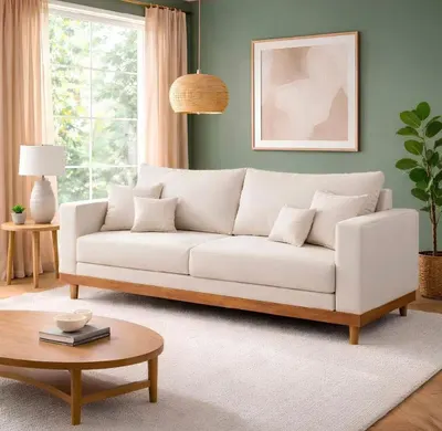 Sofá 3 Lugares Living Com Base Madeira Suede Balaqui Decor