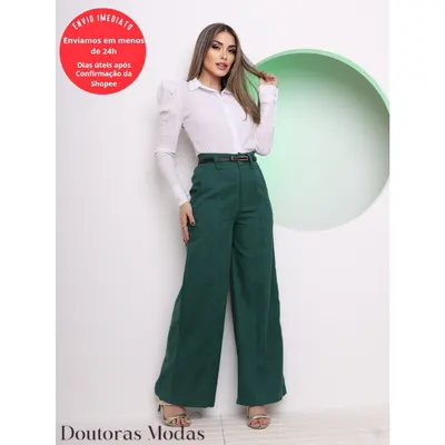 Doutoras Modas Calça Feminina Pantalona Wide Leg Linho com Botão Tendencia 2024 L8406