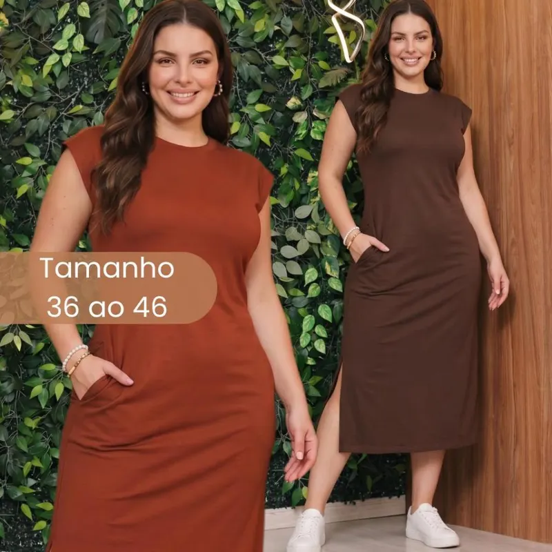 Vestido Feminino Muscle Tee plus size Elegante Casual fenda lateral e Bolso