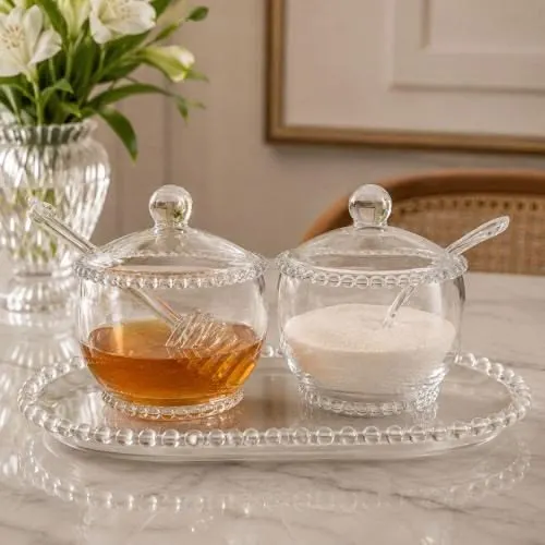 Kit 3 Peças Açucareiro Meleira E Travessa Cristal Pearl Bolinha Wolff