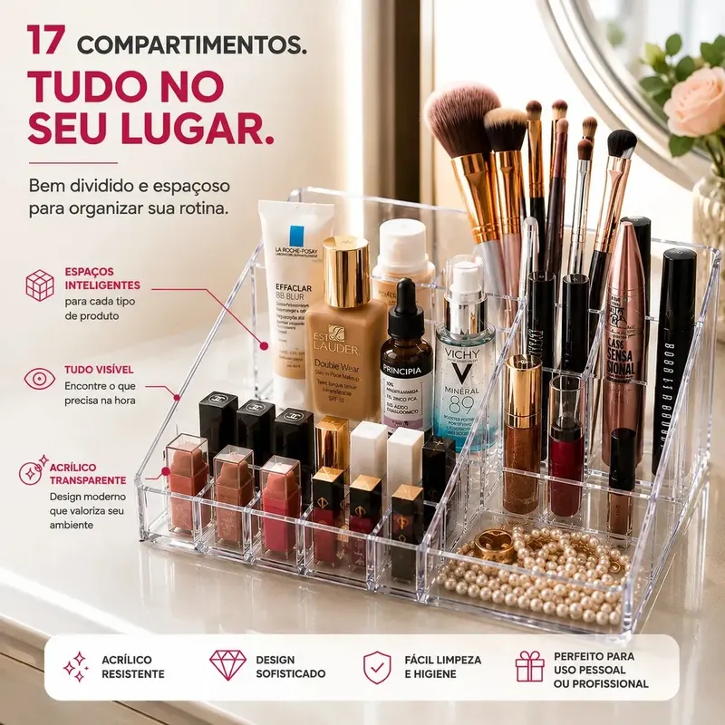Organizador Multiuso Maquiagem 17 Divisórias Bancada Mesa Cristal/transparente