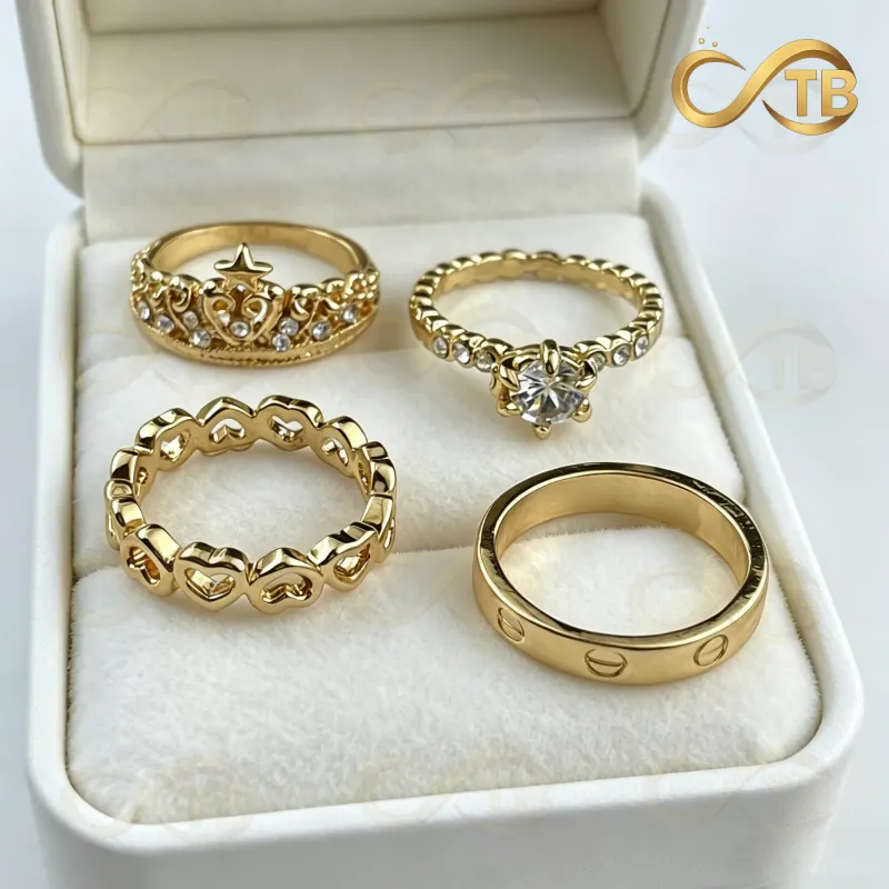 TB Feminino Conjunto de anéis femininos elegantes com 4 zircões dourados e prateados