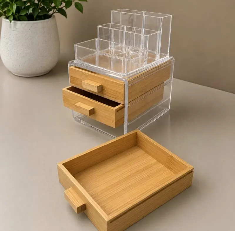 Kit Organizador Maquiagem com Porta Joia e Gavetas Bambu