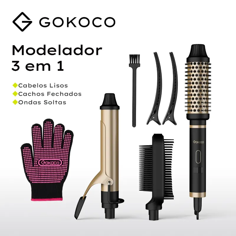 GOKOCO 3 Em 1 Multifuncional Paramodelar Modelador De Cachos Aparelho Cabelo liso Cachos Curtos E Grandese Ondulados