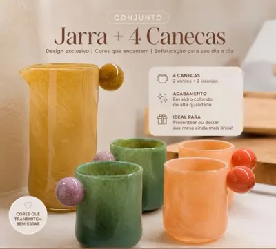 Kit Jarra + 4 Canecas Coloridas Bubble Estilo Murano