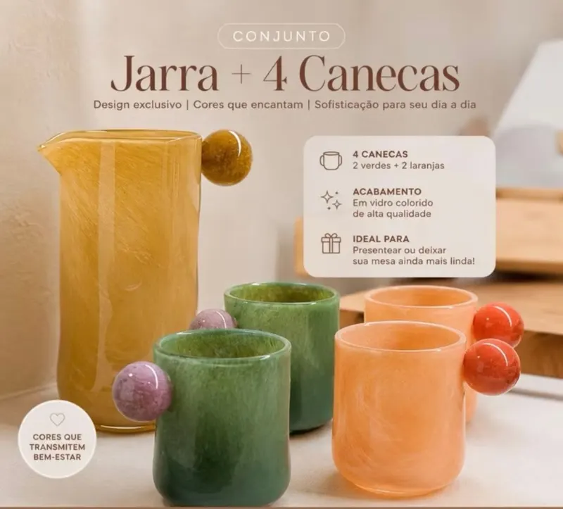 Kit Jarra + 4 Canecas Coloridas Bubble Estilo Murano