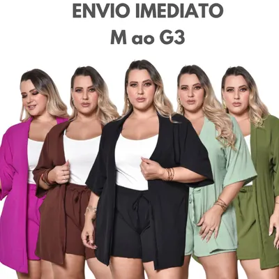 Conjunto 2 Peças Kimono + Short Duna Feminino Moda Praia Azul Lilas Roxo Verde Saida de