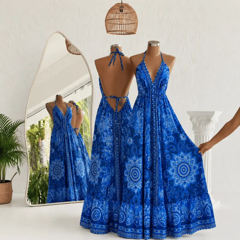 Vestido Indiano Longo Femenino Costas Nua Frente Única Com Amarração no Pescoso MODA