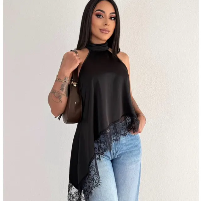 Blusa Feminina Gola Alta Assimétrica Frente Única Com Renda Bata sofisticada Elegante