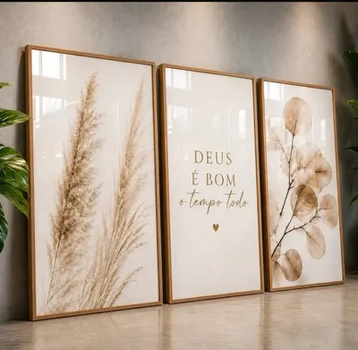 Quadros Decorativos 3 Peças Deus é Bom Floral Fé Cristão Religioso Para Sala Quarto Hall