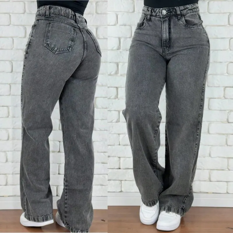 Calça Jeans Feminina Wide Leg Marmorizada Cintura Alta Empina Bumbum