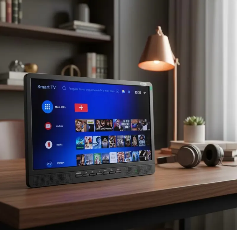 Tv Portátil Android 14 Digital 17,3 ou 19 Polegadas Led Hd Usb Hdmi Sd Monitor Bateria Interna 12v/24v ou 127v/220v
