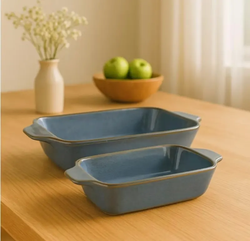 Kit Duplo 1 Travessa Média e 1 Pequena Com Alça Retangular Cerâmica Louça Decoração Cozinha