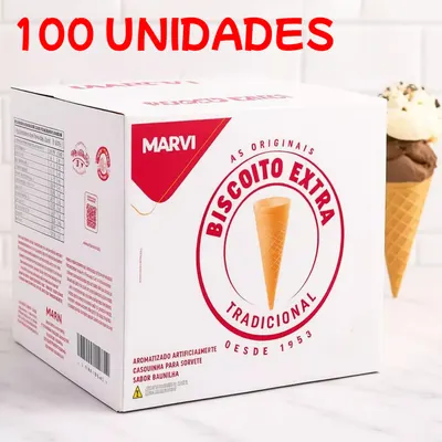 Casquinha Biscoito EXTRA Marvi Sorvete ou Cone Recheado C/ 100 und - Embalagem fracionada