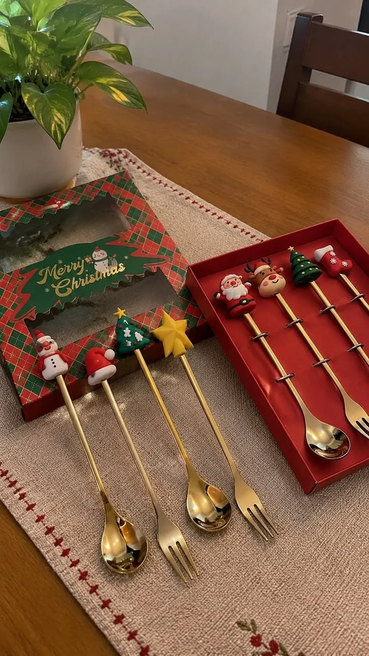 [shinelight] Conjunto De Garfo E Colher De Natal , Talheres De Caixa Aço Inoxidável , Café , Chá Sobremesa VN