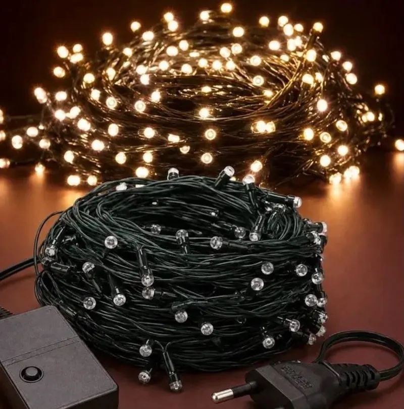 JÁ PODE COMEÇAR A DECORAR Cordão 200 Leds Pisca 20 Metros 8 Funções V8 Natal Fio Verde Branco Quente 220v