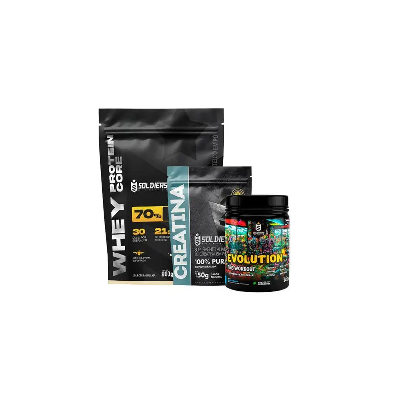 Kit Whey Core 70% de Proteína Concentrada 900g + Pré-Treino Evoluition 300g + Creatina 150g - Soldiers Nutrition