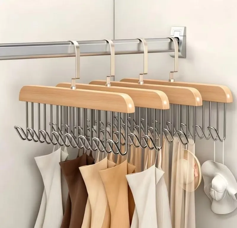 Kit 3 Cabides De Madeira Organizador Para Cintos Gravatas Colares Cachecóis E Sutiãs Com 8 Ganchos