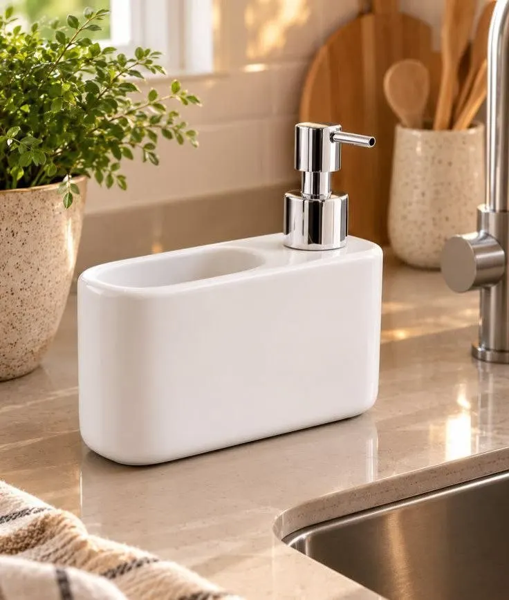 Dispenser Porta Detergente E Esponja Em Cerâmica Branco