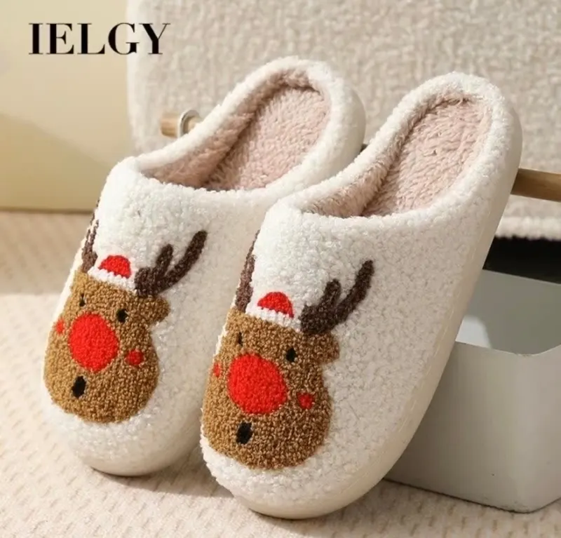 IELGY 2026 Inverno Natal Veado Chinelos De Algodão Feminino Casa Casal Elk Quente