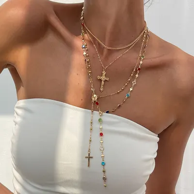 Moda Multicamadas Colorido Zircão Jesus Cruz Pingente Colar Y2K Tendência Feminina Festa