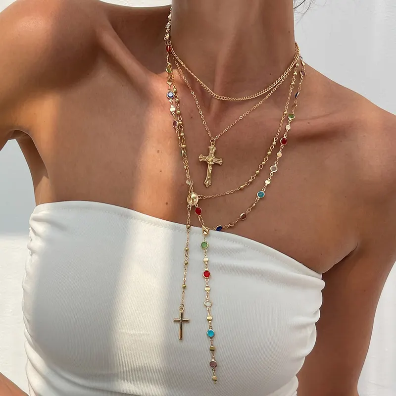 Moda Multicamadas Colorido Zircão Jesus Cruz Pingente Colar Y2K Tendência Feminina Festa
