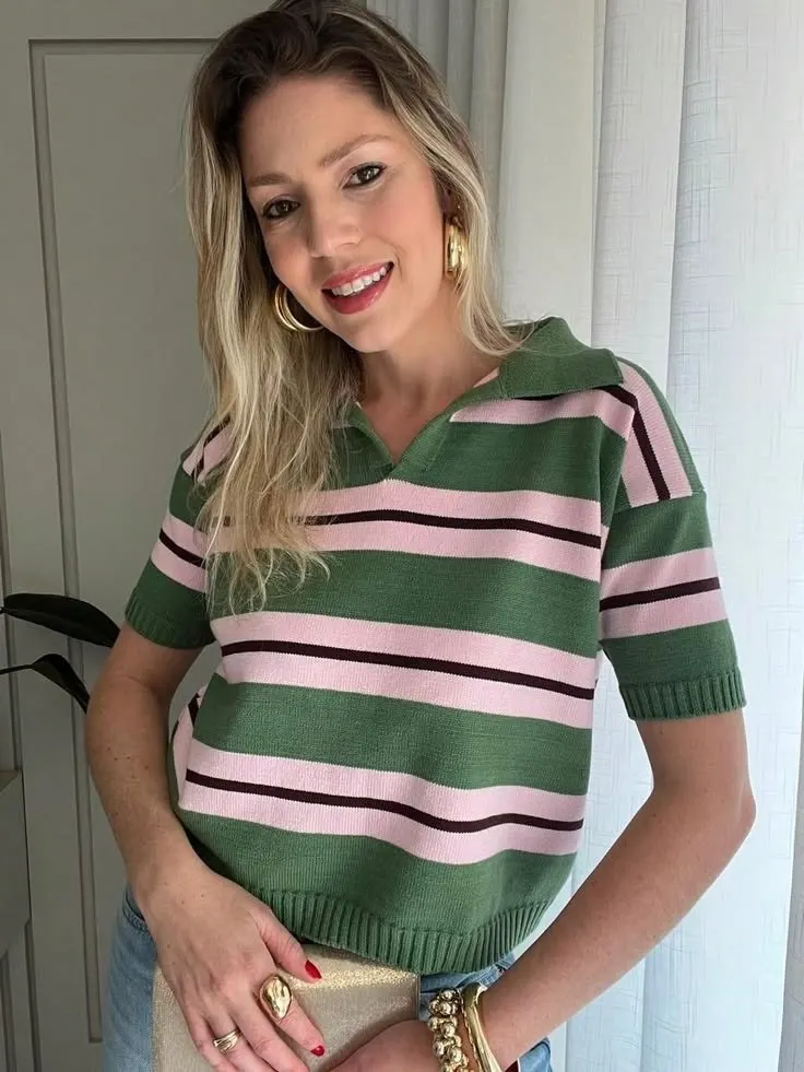 Camiseta Gola Polo Tricô Blusa Modal Feminina Listrada Verão Calor