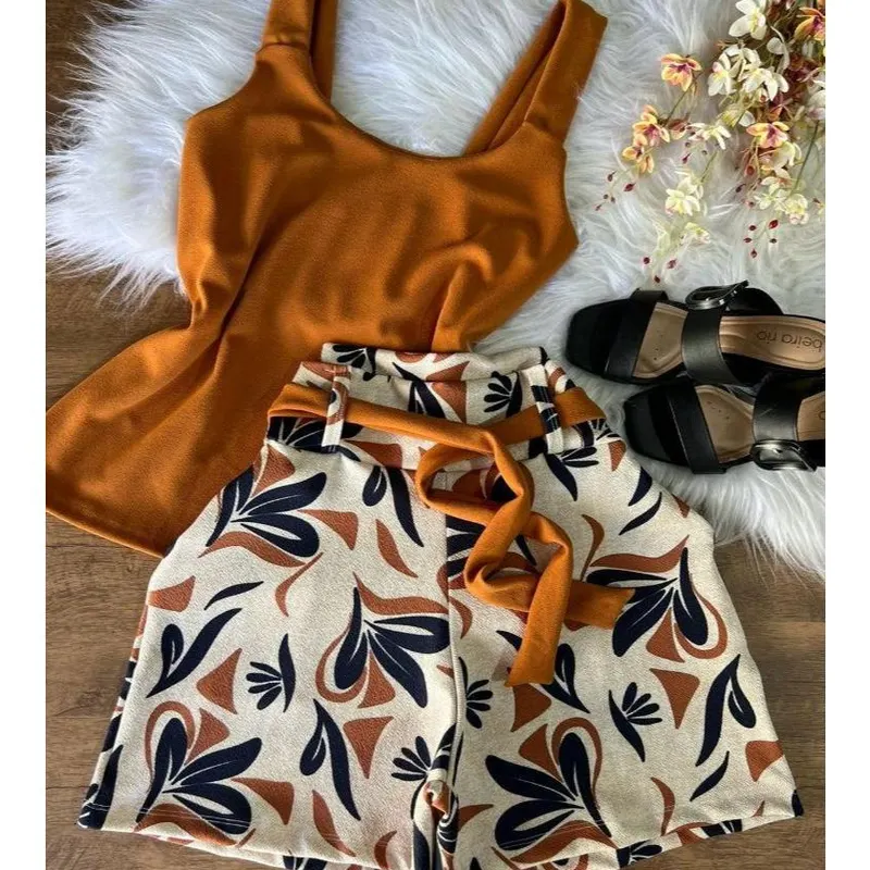 Conjunto Plus Size Premium veste do 50 ao 58 (Blusa estampado com short liso)