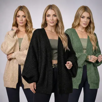 Cardigan Kimono Tricot Manga Bufante Longa Tricot Encorpado Casaco Mangas Amplas Moda