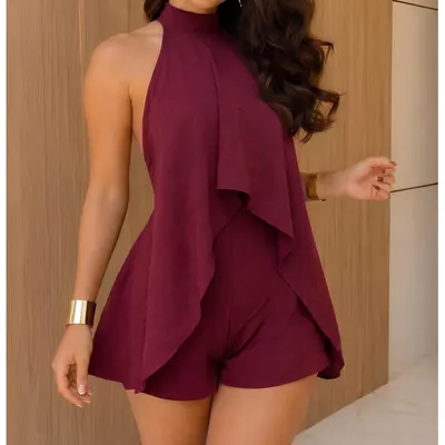 Macacão Feminino Elegante Frente Única Amarração Pescoço Costas Aberta
