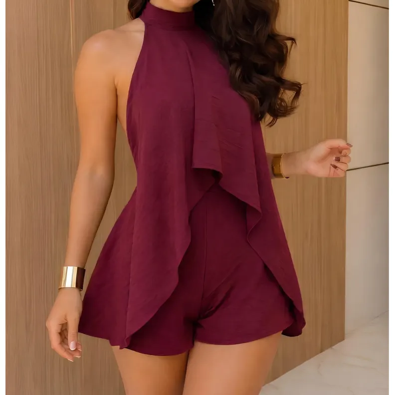 Macacão Feminino Elegante Frente Única Amarração Pescoço Costas Aberta