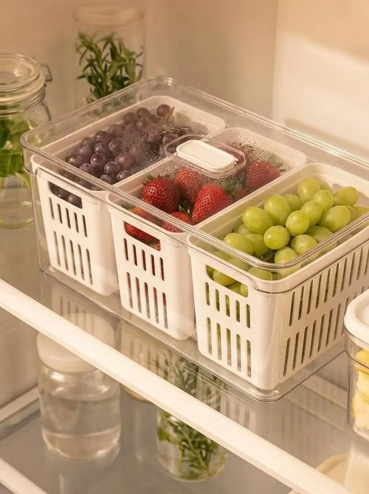 Organizador Geladeira Acrílico 3 Três Cestos Drenagem 5 Litros - Frutas legumes Verduras