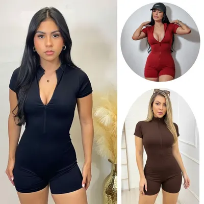 Macaquinho Feminino Moda Gringa Macacão Fitness Gringo Shorts Curto Manga Curta Ziper