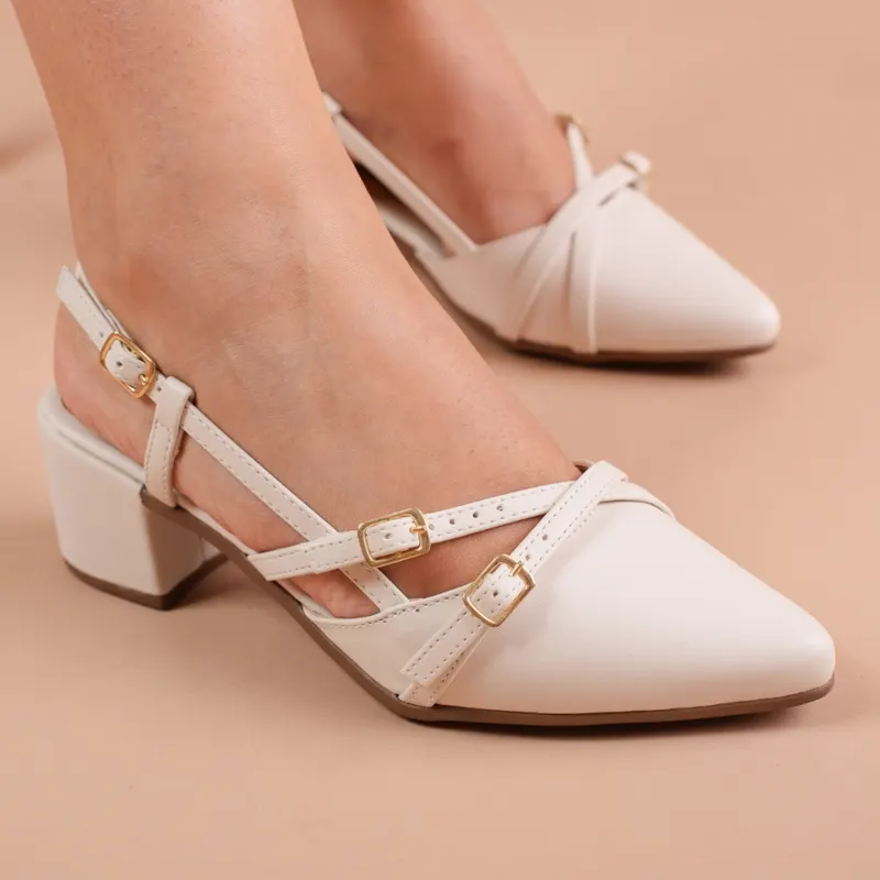 Sapato Feminino Slingback Scarpin Social Tiras Fivela Bico Fino Verniz Salto Baixo Bloco