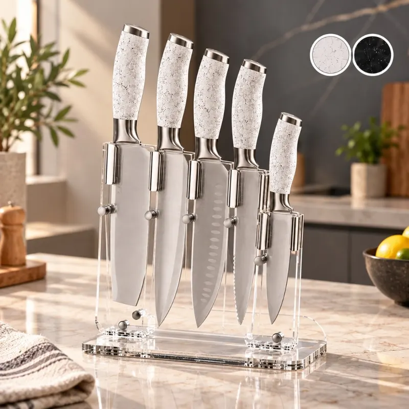 Faqueiro 5 Peças Aço Inox Suporte Acrílico Facas Chef Cutelo Santoku Universal Office