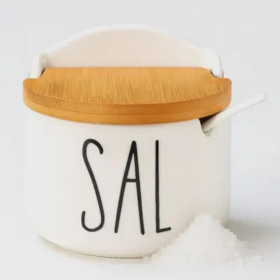 Saleiro Porcelana Luxo Com Tampa Bambu E Colher De Mesa