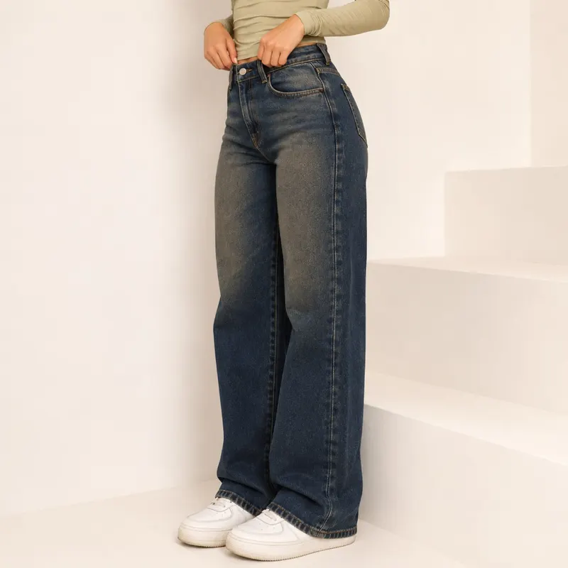Calça Wide Leg Jeans Feminina Black Marmorizada Cós Alto 100% Algodão Premium SOBRETINTO