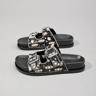 Papete feminina Pérolas de strass de luxo sandália diferente feminina com fivela