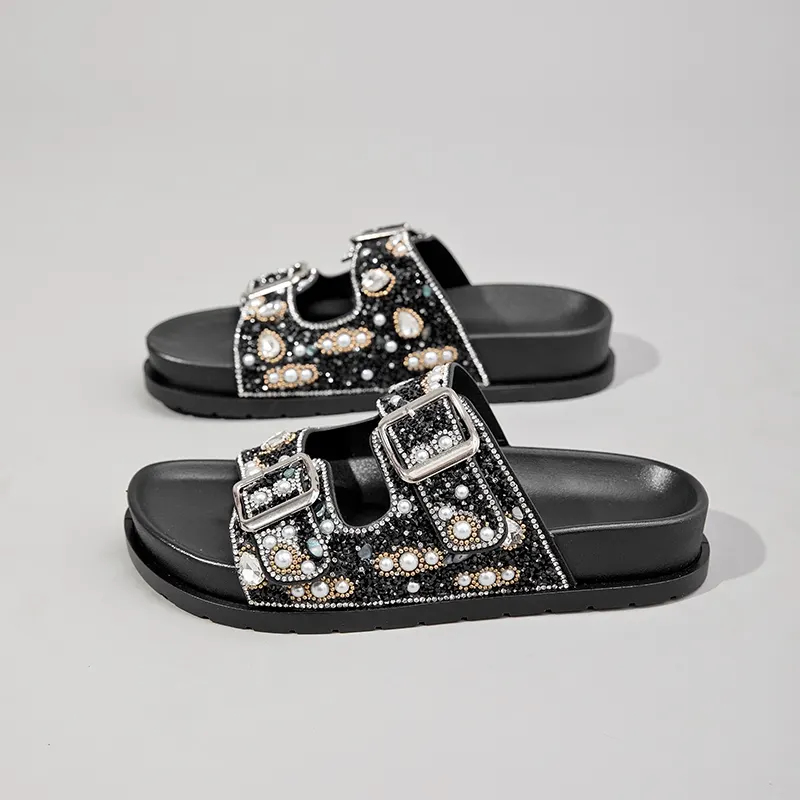 Papete feminina Pérolas de strass de luxo sandália diferente feminina com fivela