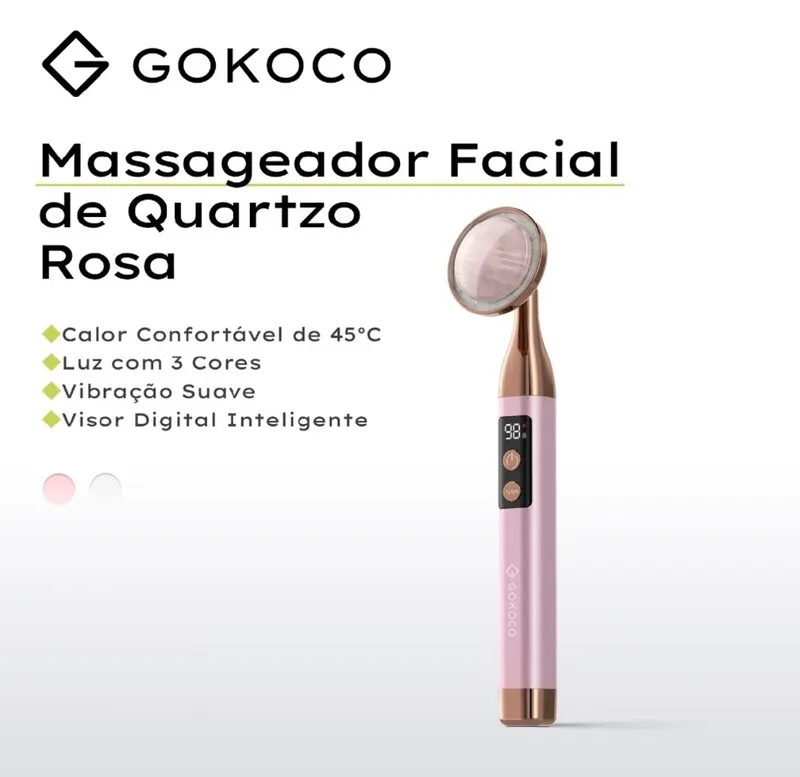 GOKOCO Massageador Facial Elétrico Quartzo Rosa com 3 Cores LED, Vibração, Aquecimento 45°C e Display Digital
