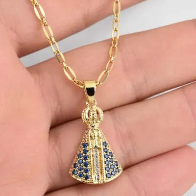 Colar Feminino Nossa Senhora Aparecida Cravejado Zircônias Aço Inoxidável 316L 45cm