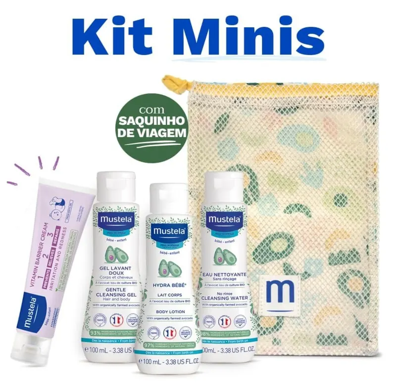 Mustela Kit Minis Travel Size - Gel Lavante + Hydra Bebê + Água de Limpeza + Creme Vitaminado Preventivo de Assaduras 54g - Nova Embalagem - Edição Li...