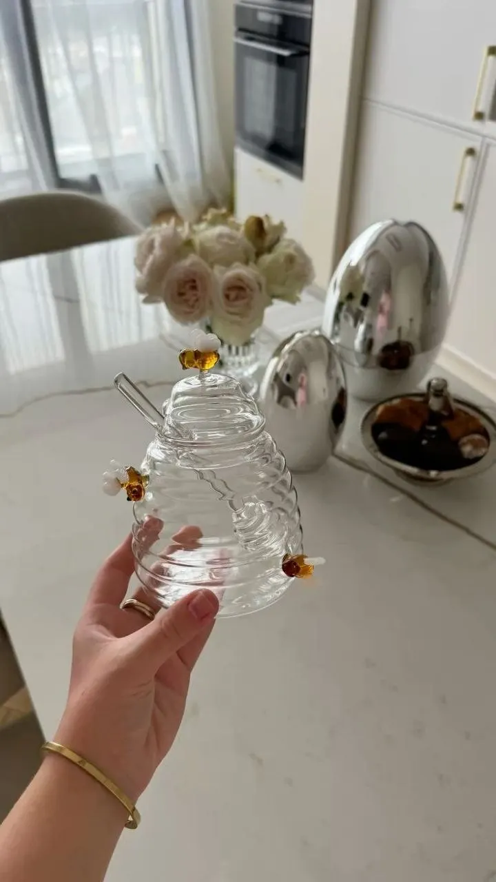 Meleira Açucareiro Lovely Bee de Vidro com Colher e Tampa de vidro 400ml