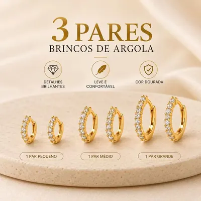 Kit 3 Pares Brinco Trio Com 3 Argolas Feminino Cravejada Na Zircônia Bijouteria Pronta