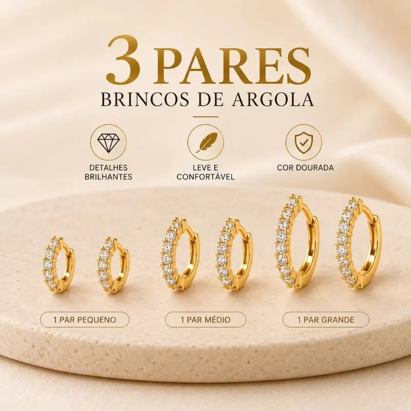 Kit 3 Pares Brinco Trio Com 3 Argolas Feminino Cravejada Na Zircônia Bijouteria Pronta
